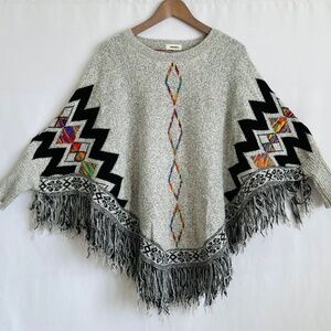 ADORA Southwestern Knit Fringe Poncho Sweater Boho Aztec Grey Rainbow S/M